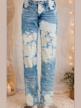 Reason Bleached Destroyed Ripped Stretch Jeans L Streetwear Y2K Grunge Denim